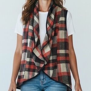 YACUN Plaid Open Front Waterfall Vest Women's Small 70s vibes‎ gorpcore